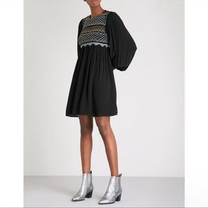 Free People Smock Dress Black XS With Embroidery
